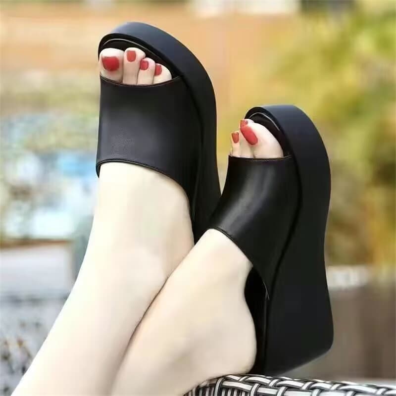 Beach Sandals Women 2025 New Wedge Heel Thick Sole Versatile Waterproof Platform High Heel Sandals One-Band Slip-On Outdoor Wear