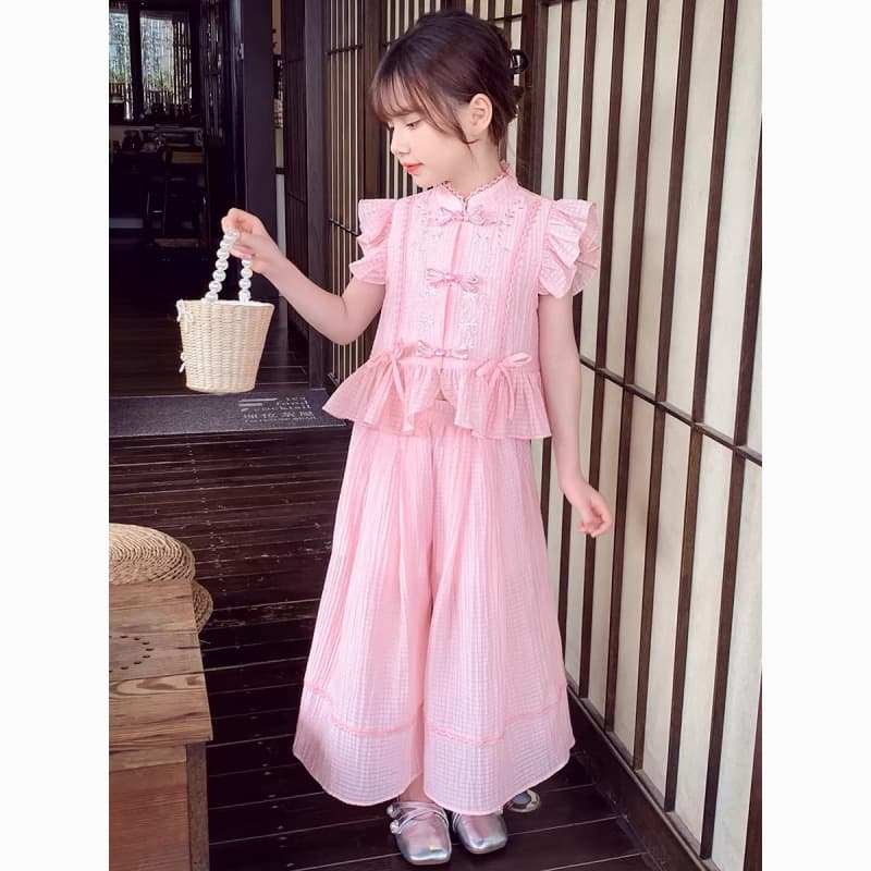 Girls Chinese style wide-leg pants suit little girl summer clothes 2025 new style foreign style children's two-piece set