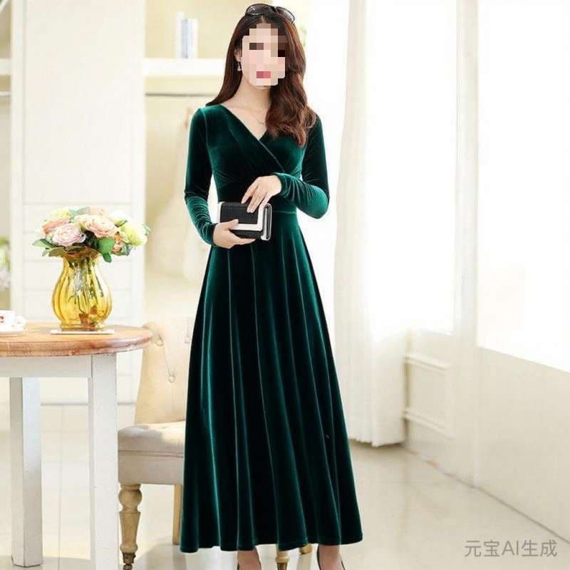 2026 Autumn/Winter New Velvet Plus Size Long Sleeve Flared Dress Evening Gown for Banquets and Parties