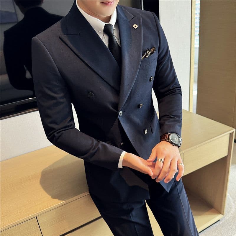 Spring/Summer Men's Double-Breasted Suit Set, Slim Fit Fashion Handsome Suit, Men's Top British Style Trendy