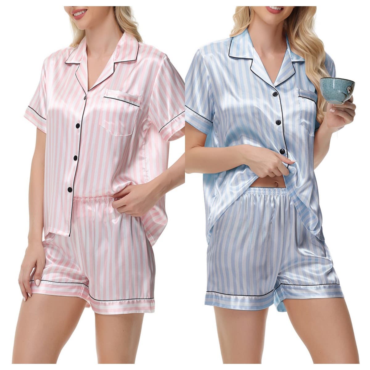 Cross-border E-commerce for Amazon AliExpress Printed Striped Pajamas Women's Long and Short Sleeve Satin Plus Size Loungewear