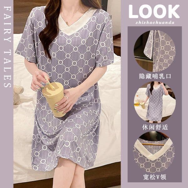 Nursing nightgown for women, spring and autumn, postpartum, mid-sleeve, loose fit, plus size, maternity wear, breastfeeding, outings, summer.