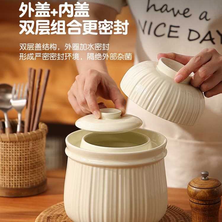 Ceramic Kimchi Jar with Inner Lid, Household Pickling Container for Vegetables, Large Capacity Sealed Sauerkraut Pot