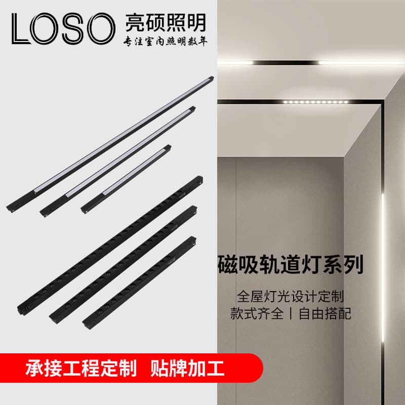 Recessed magnetic track light, linear light, commercial showroom light without main light, recessed and surface mounting, smart living room lighting.