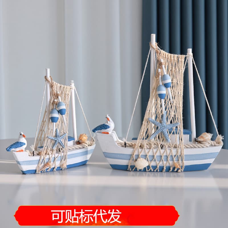 Mediterranean Sailboat Model "Smooth Sailing" Ornament, Wooden Seagull Small Boat Craft Ship, Desk Ocean Style Decor