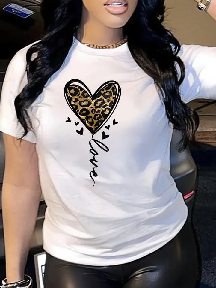 Leopard Print Heart Print T-Shirt Short Sleeve Round Neck Casual Top Summer Spring Women's Aesthetic Graphic Y2K