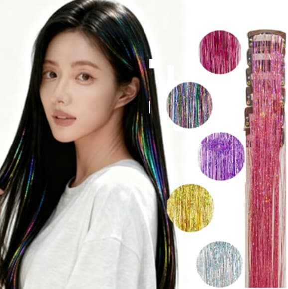 6-Piece Laser Clip-In Hair Extensions Colorful Strands Cross-Border Hairpiece Shiny Seamless Hair Extensions Rainbow Laser Strips