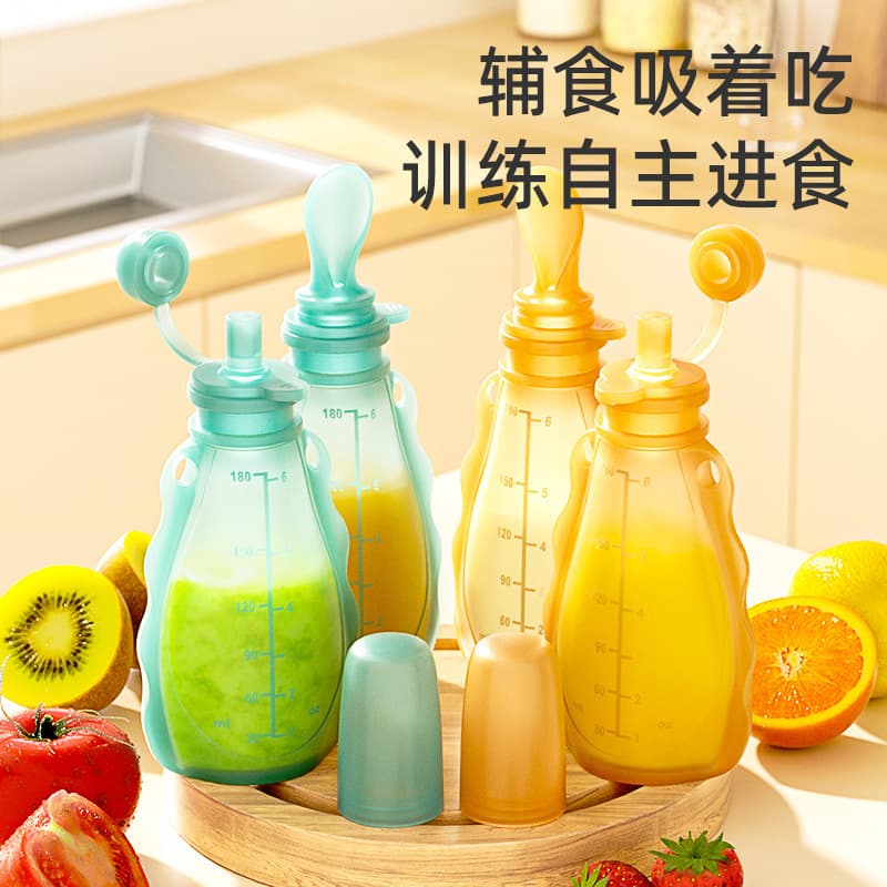 Baby Food Pouches Silicone Portable Bottles, Storage Fresh-Keeping Breast Milk Bags, Infant Milk Squeeze Rice Paste Bottles