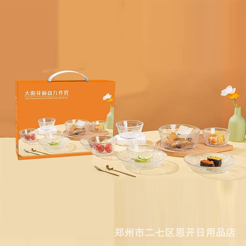 Qixiang Sunflower Bowl Glass Bowl and Plate Set Creative Household Minimalist Glass Tableware Customer Gift Souvenir Group Purchase