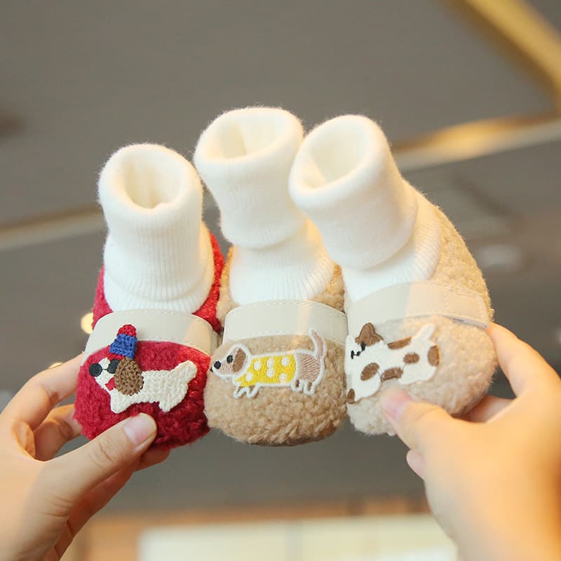 Winter Fleece-Lined Unisex Baby 0-6-12 Months Floor Socks, Pure Cotton Fleece-Lined Soft-Soled Non-Slip Anti-Off Infant Shoes