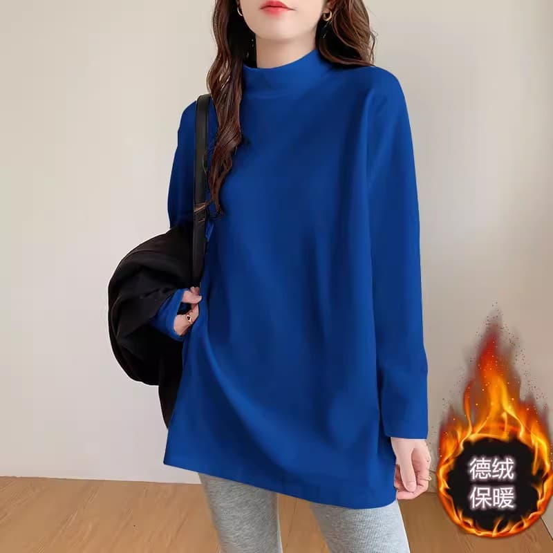 Half Turtleneck Velvet Mid-Length Base Layer T-Shirt for Women, Autumn/Winter Fleece-Lined Thick Long Sleeve Loose Fit Hip-Covering Tunic