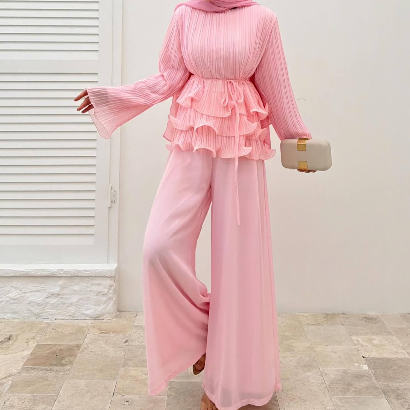 Cross-border Amazon Export 2026 Spring Autumn New European and American Women's Long Sleeve Ruffle Top Casual Wide Leg Pants Set