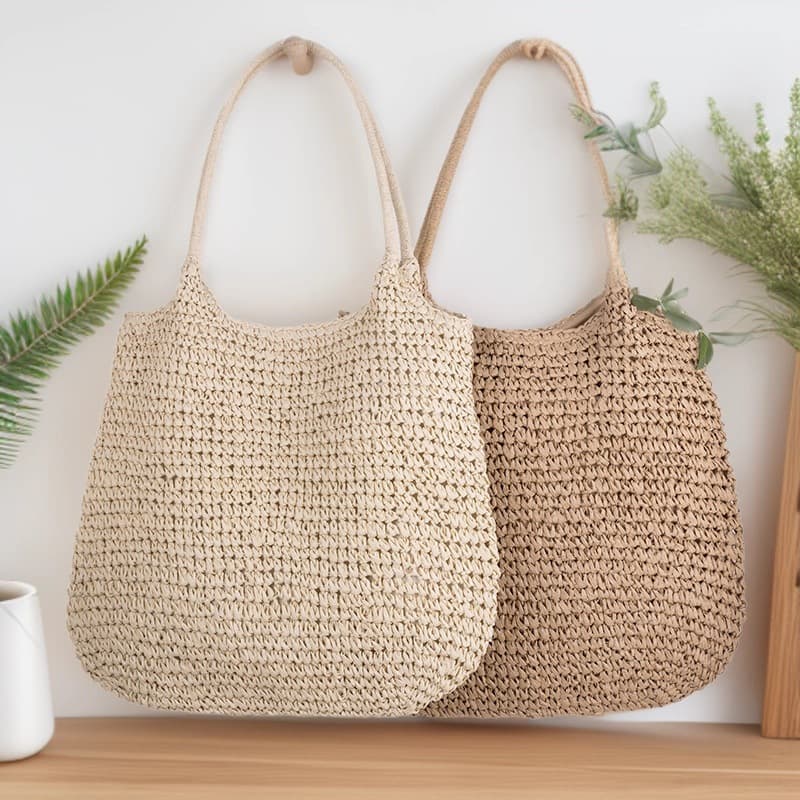 New Large Capacity Paper Rope Woven Bag Single Shoulder Pleated Opening Straw Tote Fashion Women's Bag Casual Beach Bag