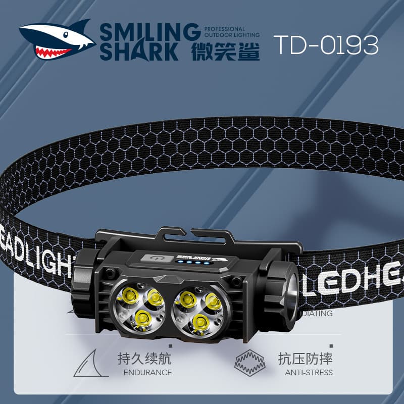 Smiling Shark Mini Dual-Light Wide Flood Headlamp, Outdoor Night Fishing LED with Power Display and Three-Level Adjustment