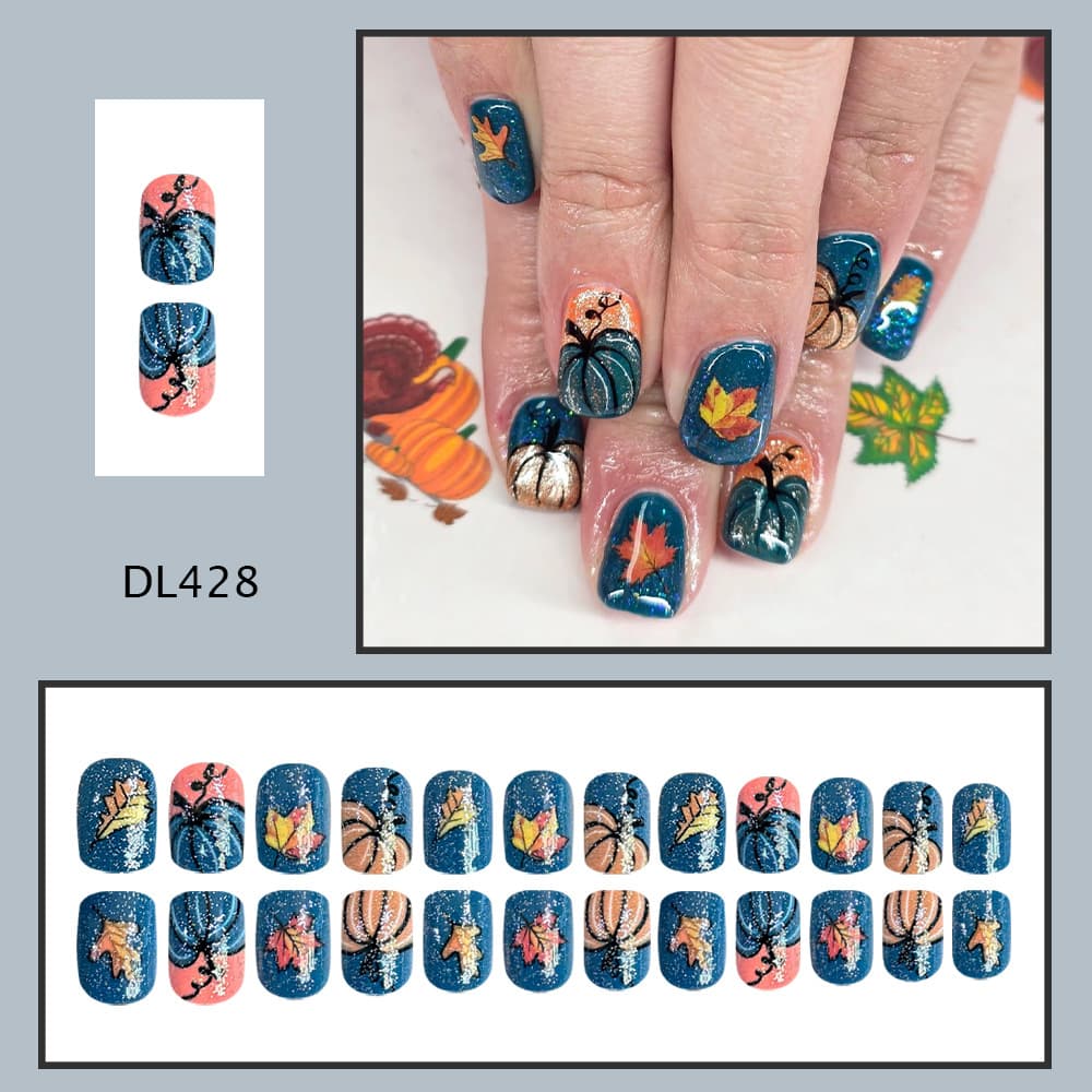 Vintage Navy Maple Leaf Pumpkin Press-On Nails Short Square Hand-Painted Pumpkin Autumn Manicure 24 Pieces Atmospheric Niche Nails