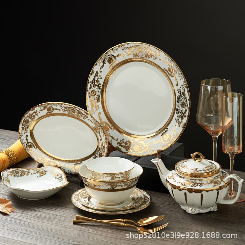Embossed Gold Ceramic Bowl and Plate Set for Home, Nordic Light Luxury Gold-Rimmed Ceramic Tableware, Creative Personalized High-End Gold-Plated Rim