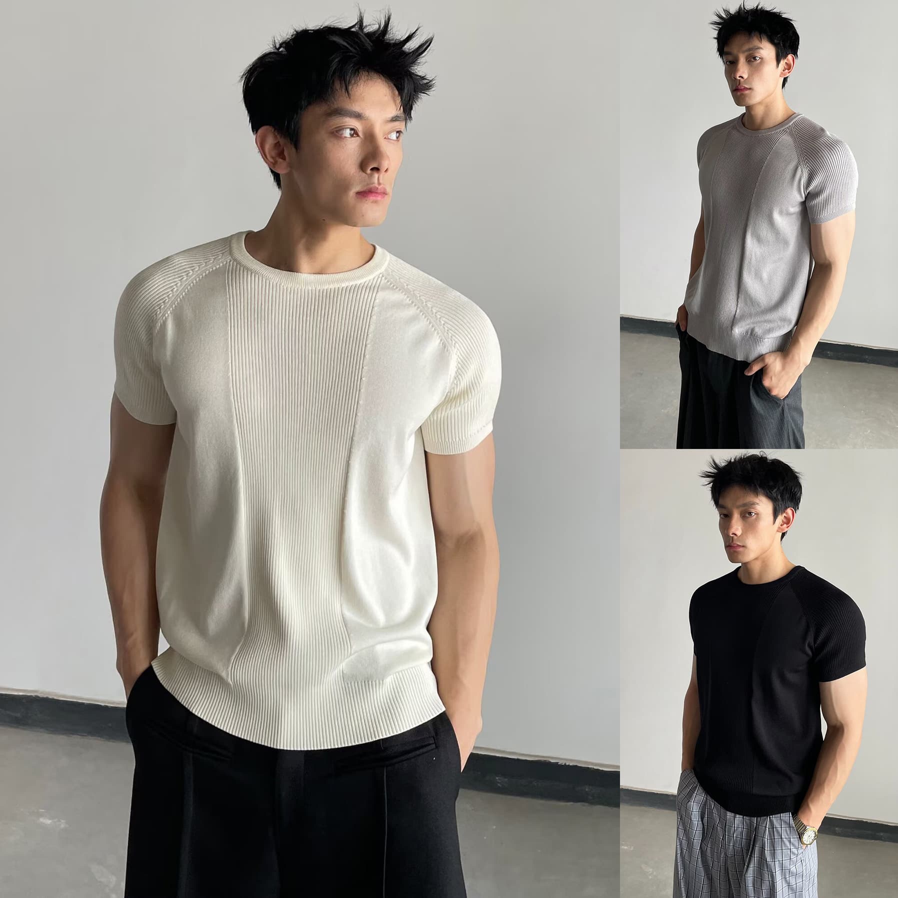 Short Sleeve Knit Shirt Men Striped Business Slim Fit Ice Silk T-Shirt Summer Factory Wholesale Ice Silk Cooling Cross-border Bestseller