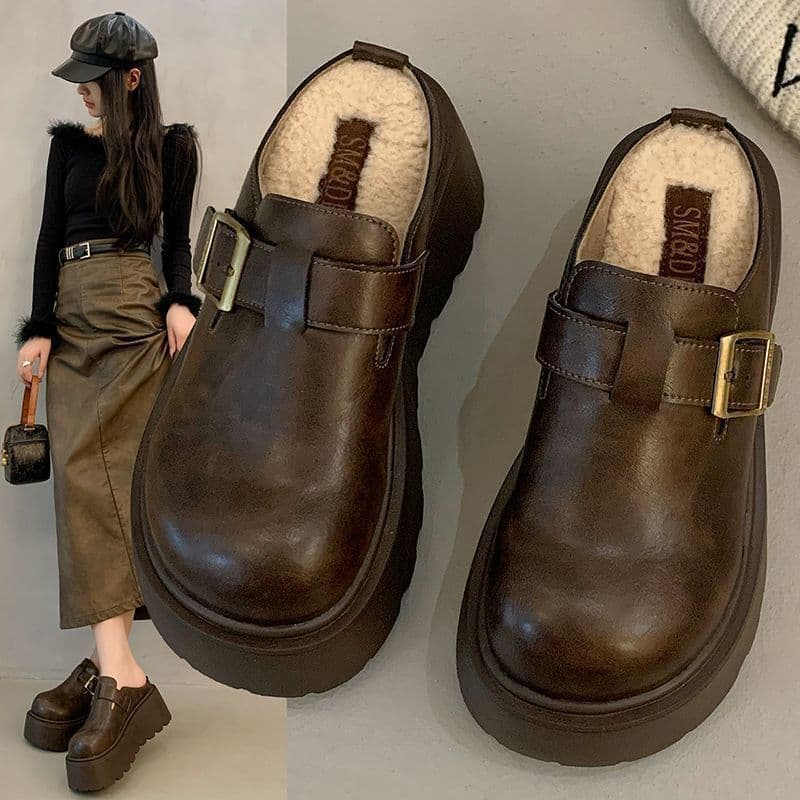 Women's Closed-Toe Half-Back Fur Slippers, Outdoor Cotton Shoes, Thick Sole 8CM Platform, Fleece-Lined Birkenstock Style, New Autumn/Winter