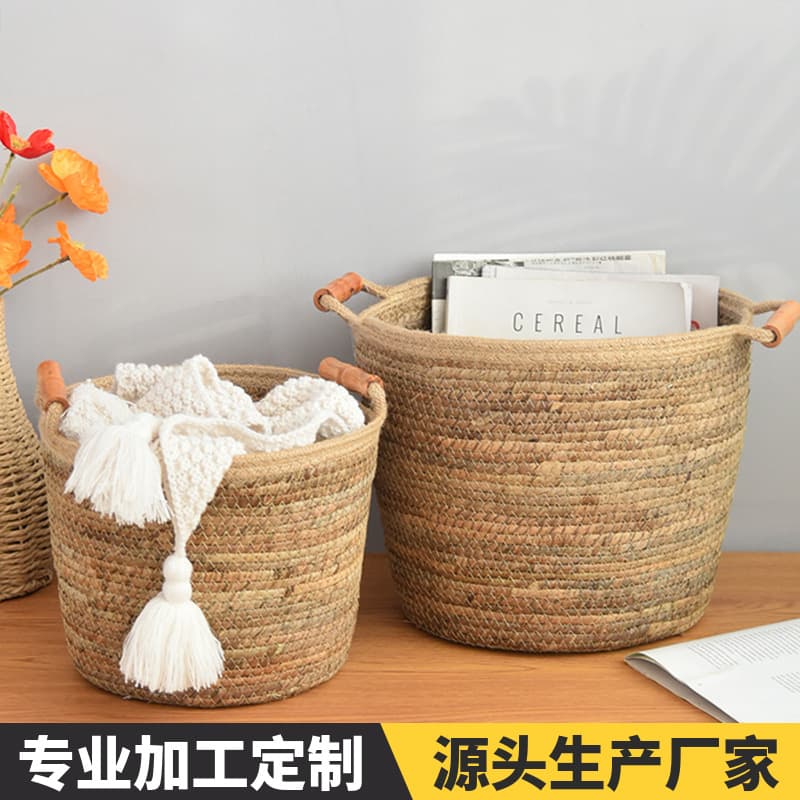Handwoven Banana Rope Basket Home Use Trash Can Laundry Dirty Clothes Hamper Toy Storage Bucket Handheld Dirty Clothes Basket
