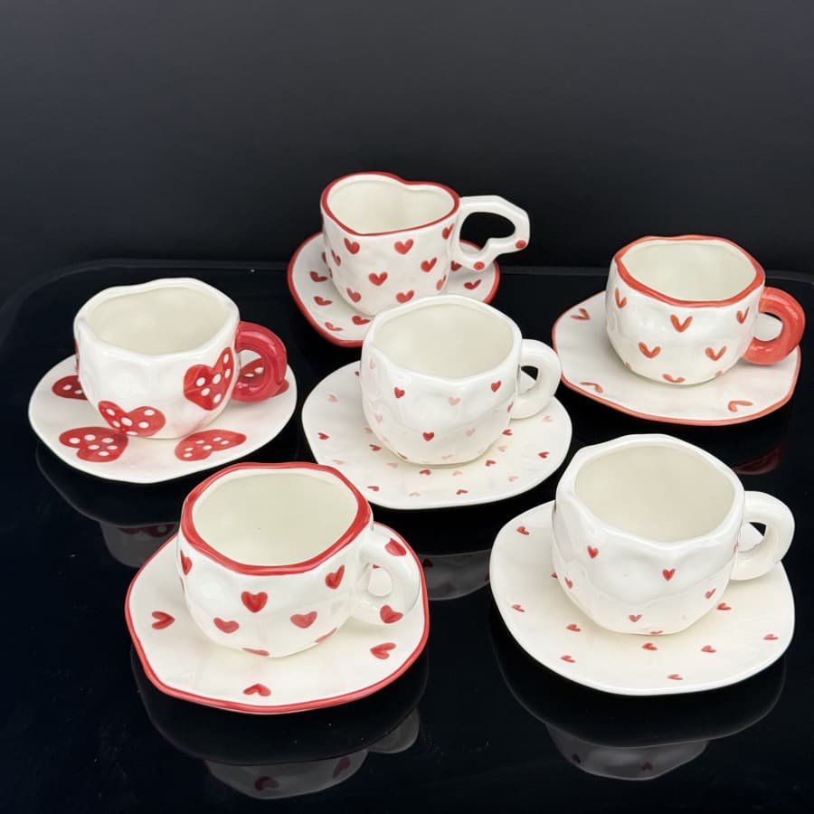 Hand-Painted Ceramic Coffee Cup and Plate Set, Irregular Shape, Red Heart Design, Cute Girl's Handmade Unique Style Home Decor