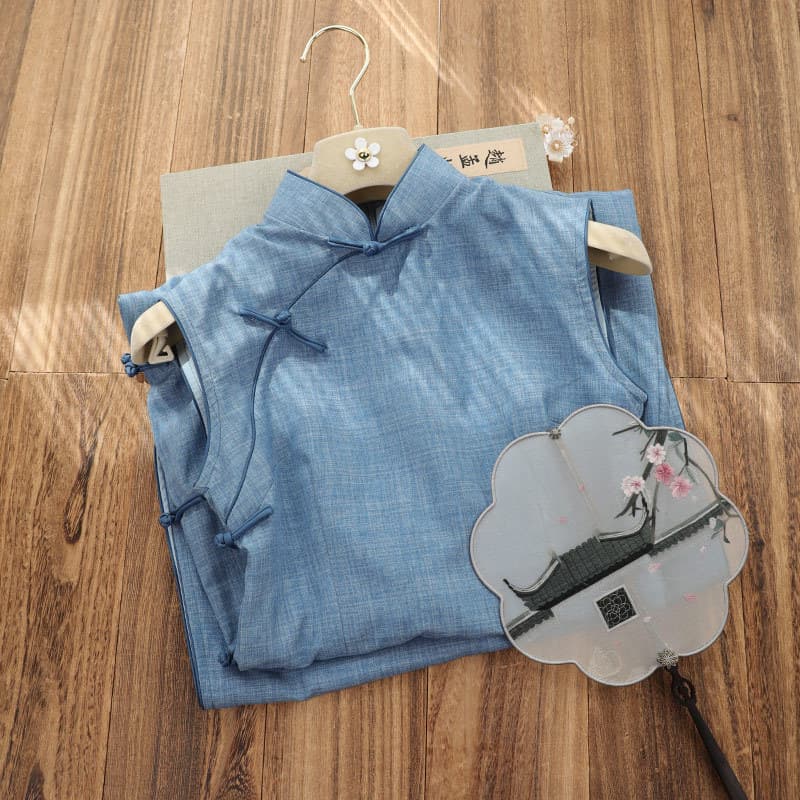 Qiaoniangyu Blue Retro New Chinese Style Sleeveless Cheongsam Dress for Women 2025 Spring Summer New Elegant Improved Daily Wear