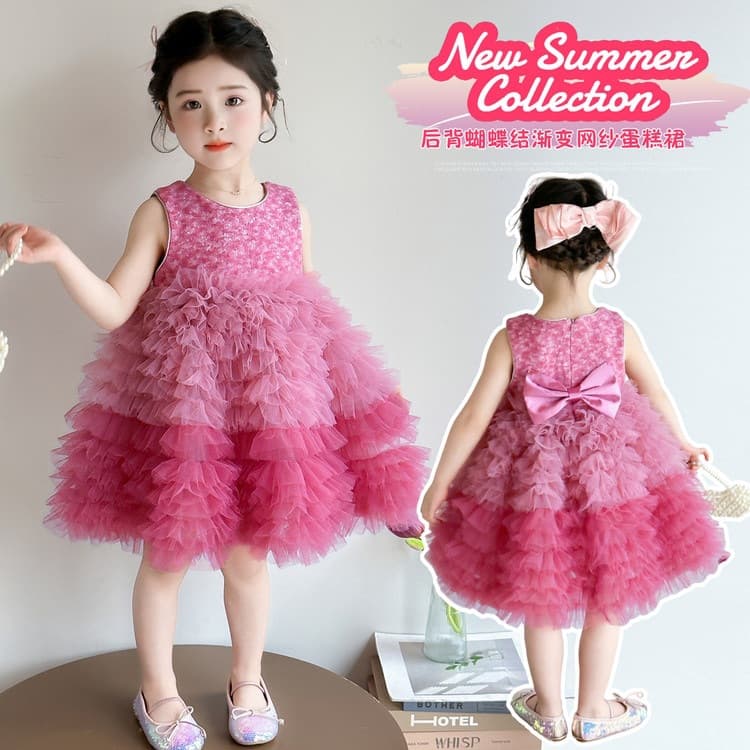 Girls Summer Gradient Mesh Princess Cake Dress, Puffy Tutu Dress, Baby Vest Dress