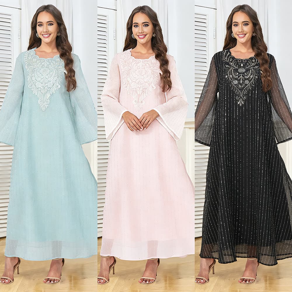 MT549 Cross-border Amazon Women's New Mesh Sequined Collar Flower Party Dress Elegant Lady Dress
