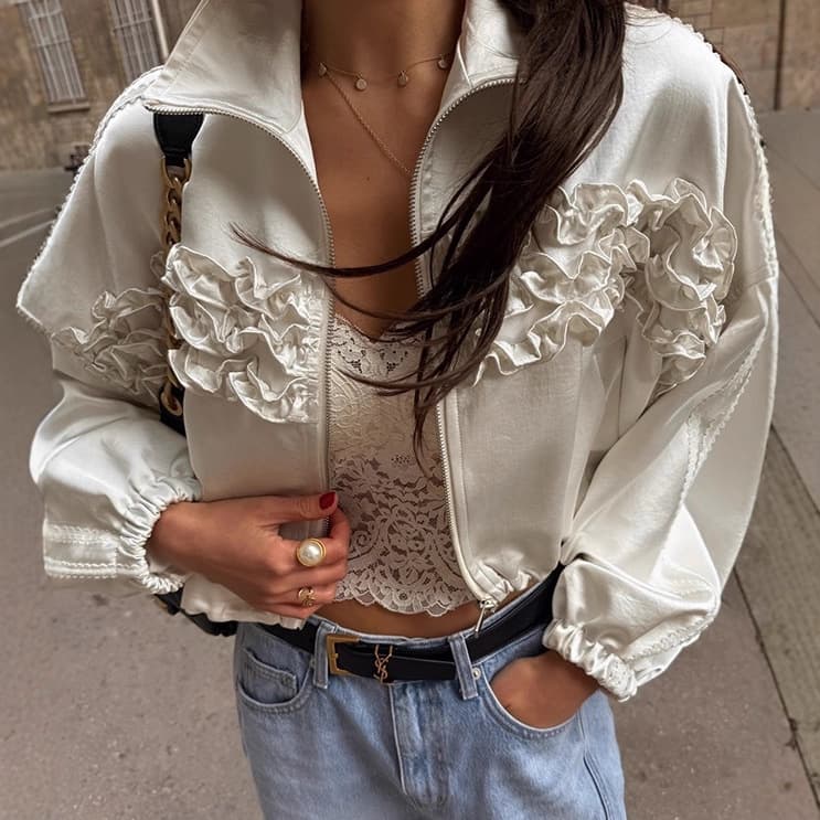 Korean Chic Autumn New Retro Stylish Patchwork Ruffle Design Loose Drawstring Cropped Jacket for Women