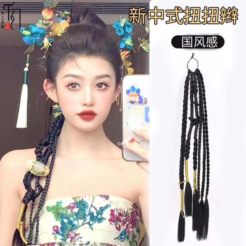 New Chinese Style Ponytail Wig for Women, Simulation Hair Gold Twist Braid, Boxing Braid, Bride Hair Accessory, Studio Photography