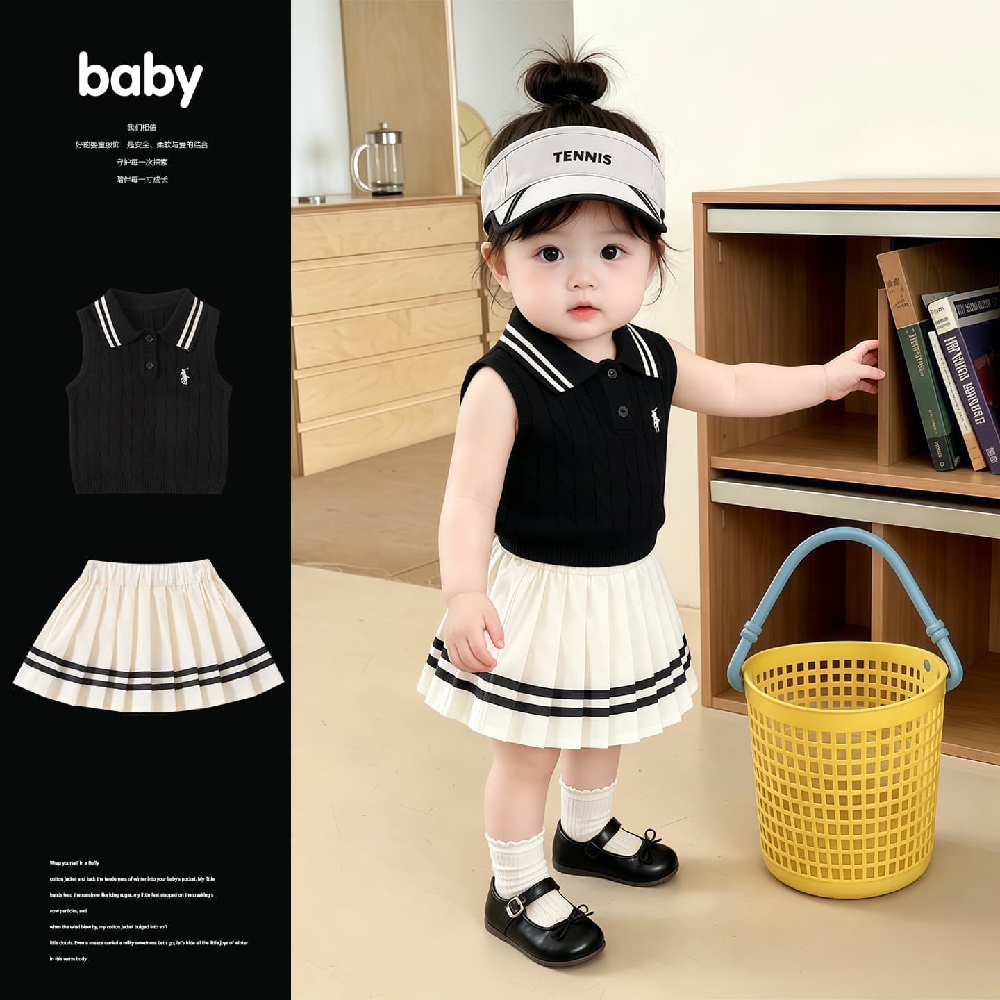 Baby Girls Summer New Preppy Style Vest Sweater Polo Shirt Two-Piece Set with Casual Color-Block Pleated Skirt