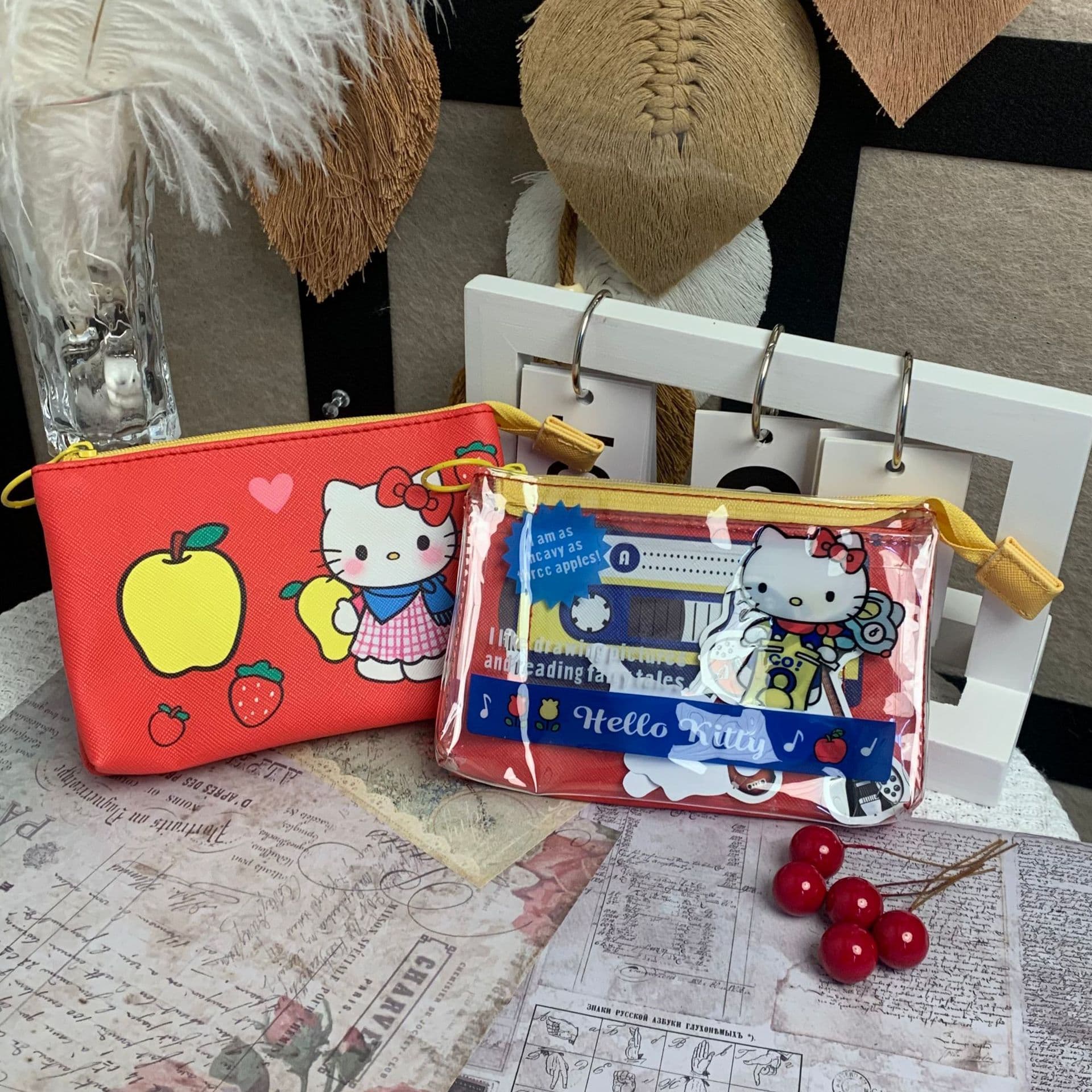 Japanese new Kitty fish monster record tape pvc transparent printing double layer makeup lipstick small items storage bag
