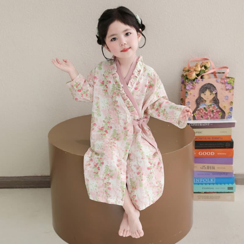 Girls' Summer Thin Robe Children's Pure Cotton Air-Conditioned Bathrobe Girls Long-Sleeve Stylish Floral Tie Bath Towel Trendy
