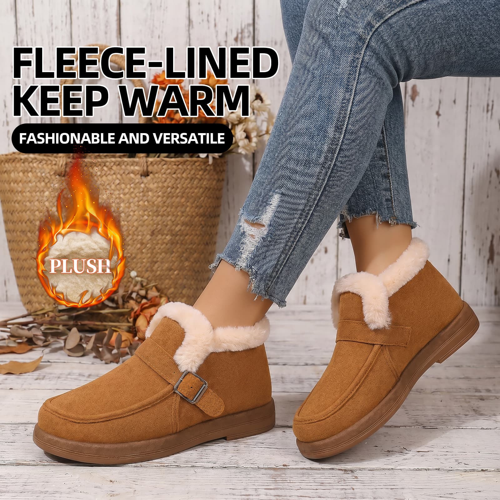 Winter Women's Short Cotton Shoes, Fleece-Lined, Suede Upper, Soft Sole, Slip-On, Casual, Versatile, Mom Shoes
