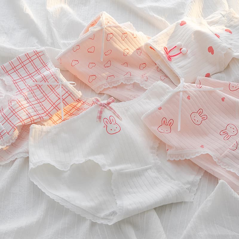 Japanese-style soft girl panties with cute bunny and heart prints, cotton gusset, mid-rise, hip-hugging, triangle cut
