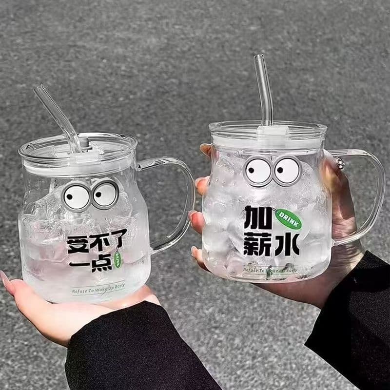 Creative Straw Mug Large Capacity Glass Handle Cup Fun Text Glass Cup Office Coffee Cup High