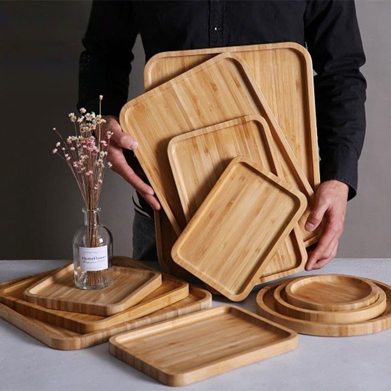 Bamboo Wood Serving Tray, Rectangular Wooden Tray, Solid Wood Round Tray, Tea Tray, BBQ Platter