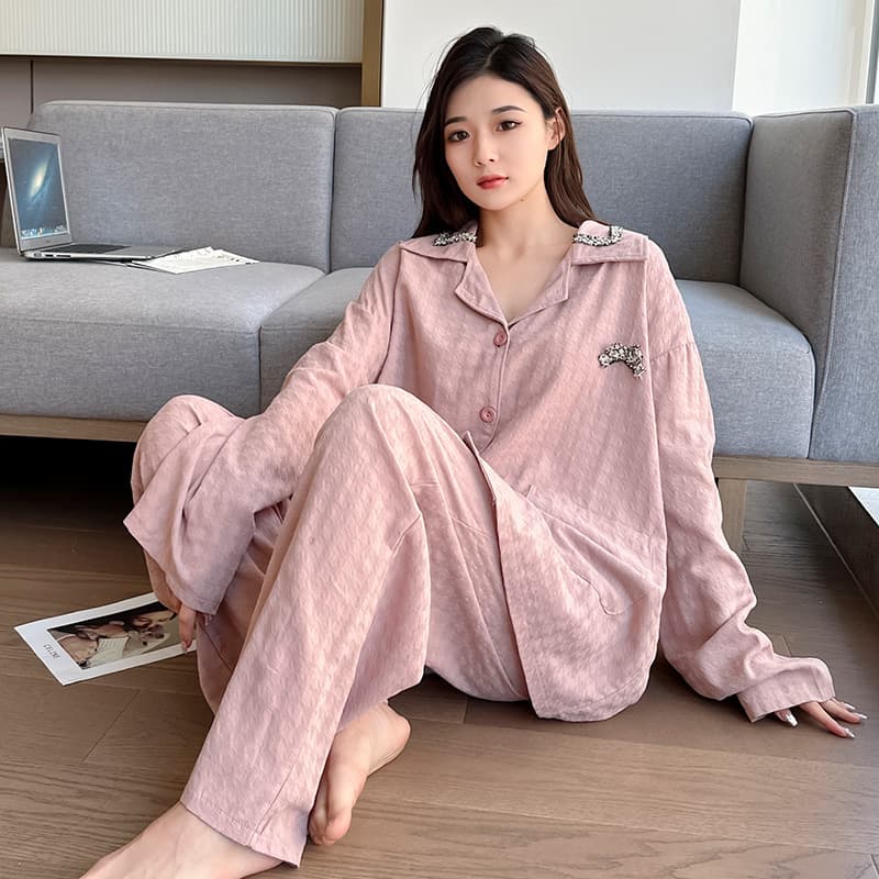 Spring and Autumn Women's Pure Cotton Pajamas Plus Size Cartoon Embroidery Homewear Long Sleeve Pants Set Lightweight Casual Two-Piece Set