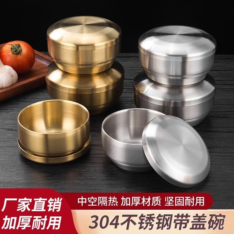 304 stainless steel rice bowl creative double-layered Korean kimchi bowl with lid for home Korean cuisine restaurant wholesale