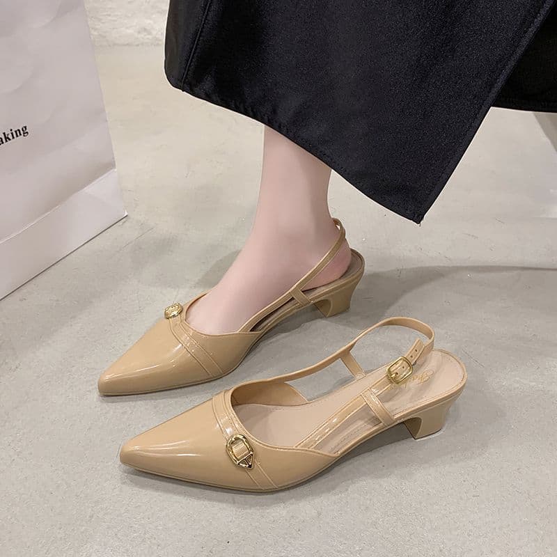 Thick heel, shallow mouth, cap toe sandals, empty back women's shoes, spring and summer new style, Korean style, pointed toe, mid-heel, skirt, single shoes, temperament