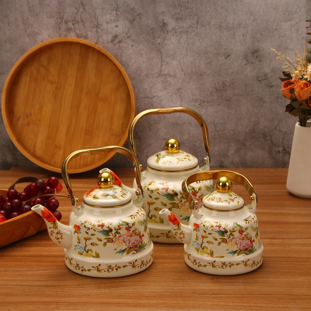 Thickened Enamel Kettle, Heated Enamel Teapot, Enamel Water Kettle, Enamel Tea Infuser, Enamel Coffee Pot with Floral and Bird Motif