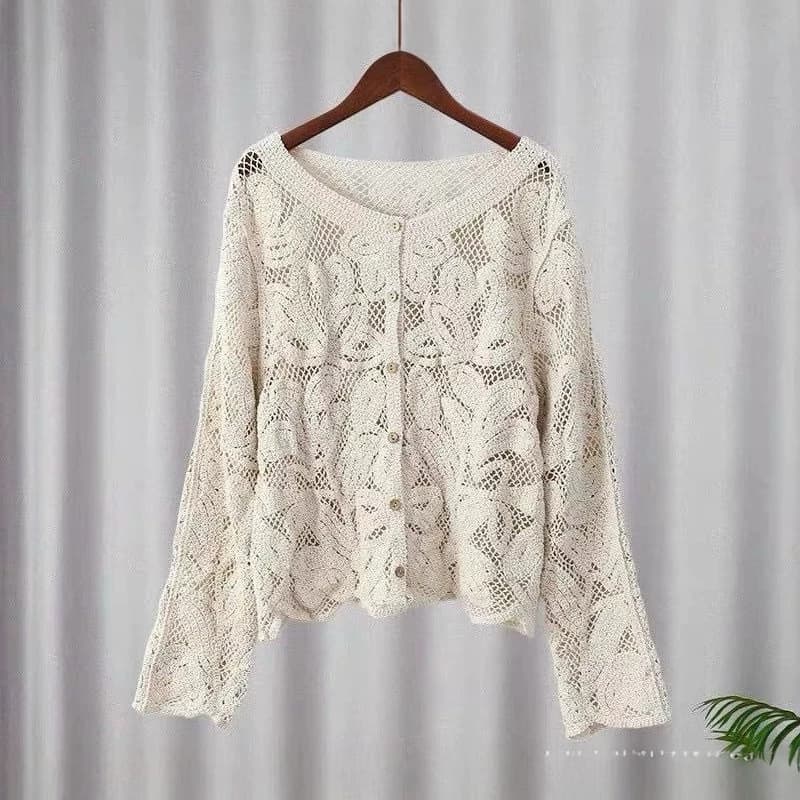 Cross-border hot-selling solid color crocheted hollow sweater long-sleeved commuting street simple casual short top for women