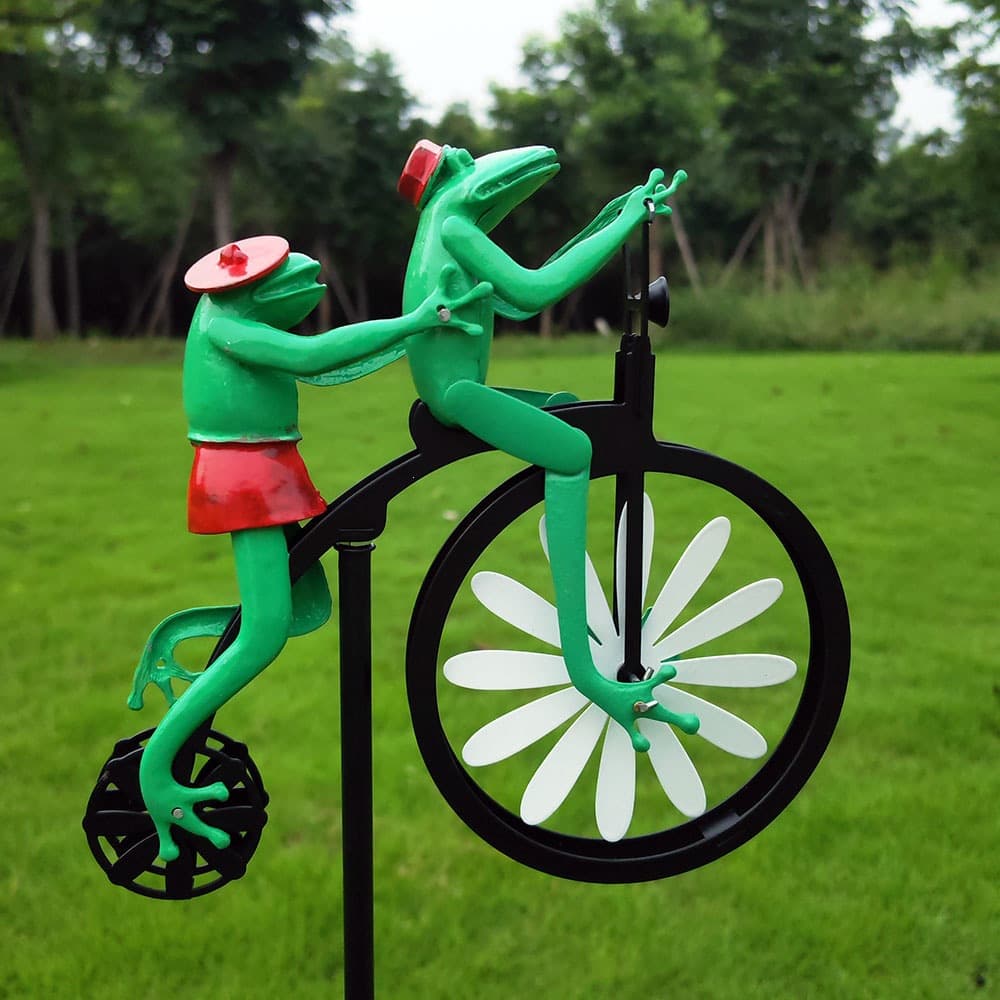 New Cartoon Frog Riding Bike Metal Windmill Animal Motorcycle Iron Art Garden Yard Decoration Factory Wholesale