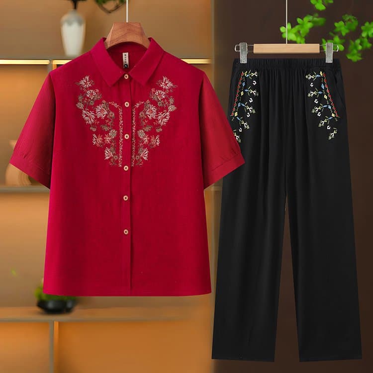 Grandma Summer Cotton Linen Short-Sleeve Set, Middle-Aged and Elderly Women's Shirt with Embroidery, Breathable Mother's Top with Turn-Down Collar