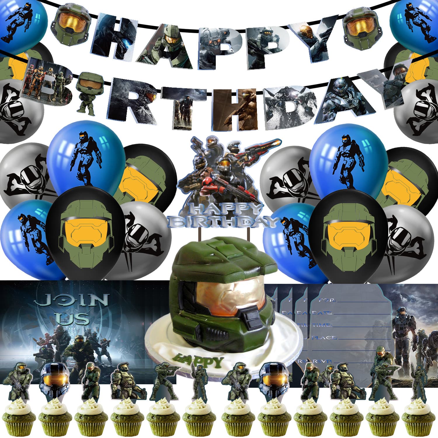 Halo Halo Birthday Party Supplies Halo Game Flag Cake Card Balloon Set Children's Birthday Decoration