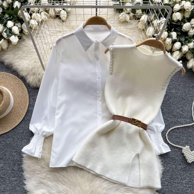 2025 New Design Split Knit Vest Set Sweater Women's Blouse Two-Piece Flared Age-Defying Fashion Vest