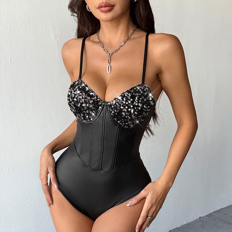 European and American Street Style Sequin Camisole Bodysuit for Women, Fishbone Waist-Cinching Sexy Tight Fitted Top, In Stock