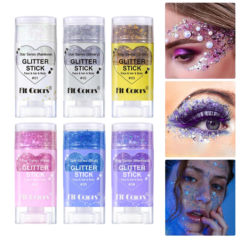 Fit Colors 8-Color Body Paint Glitter Stick for Face and Lips, Star-Shaped Glitter Eyeshadow for Festive Stage Makeup