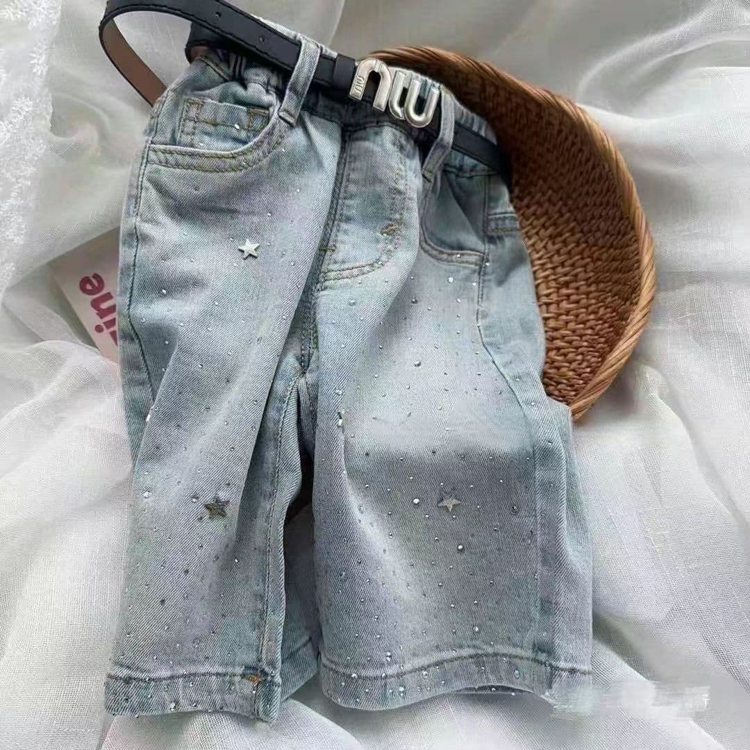 Girls Summer Rhinestone Denim Capri Pants 2026 Korean Style Toddler Casual Straight Leg Pants Baby Girl Fashion Capri Pants