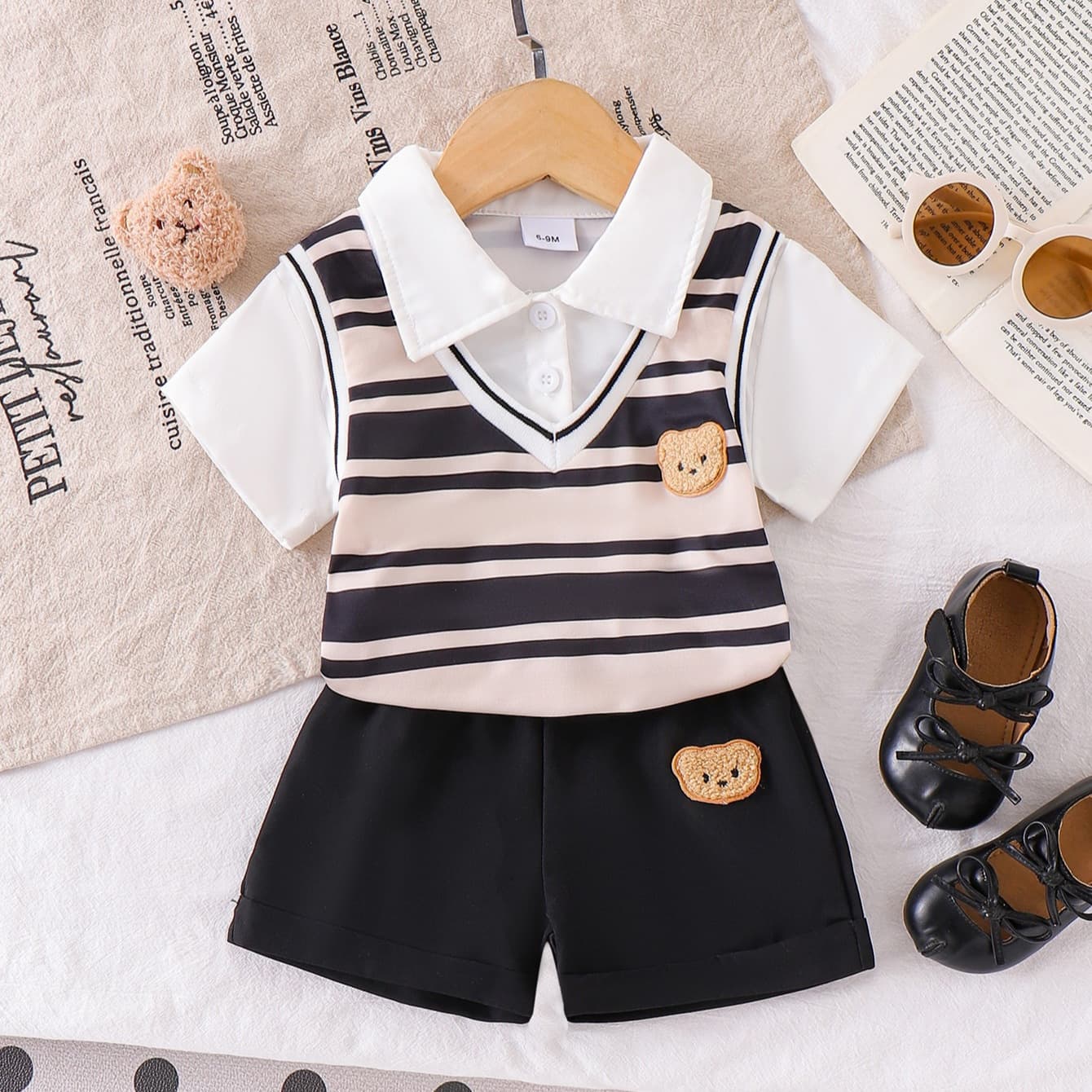 INS cross-border foreign trade unisex children's clothing spring and summer new white collar black and white striped top black shorts in stock