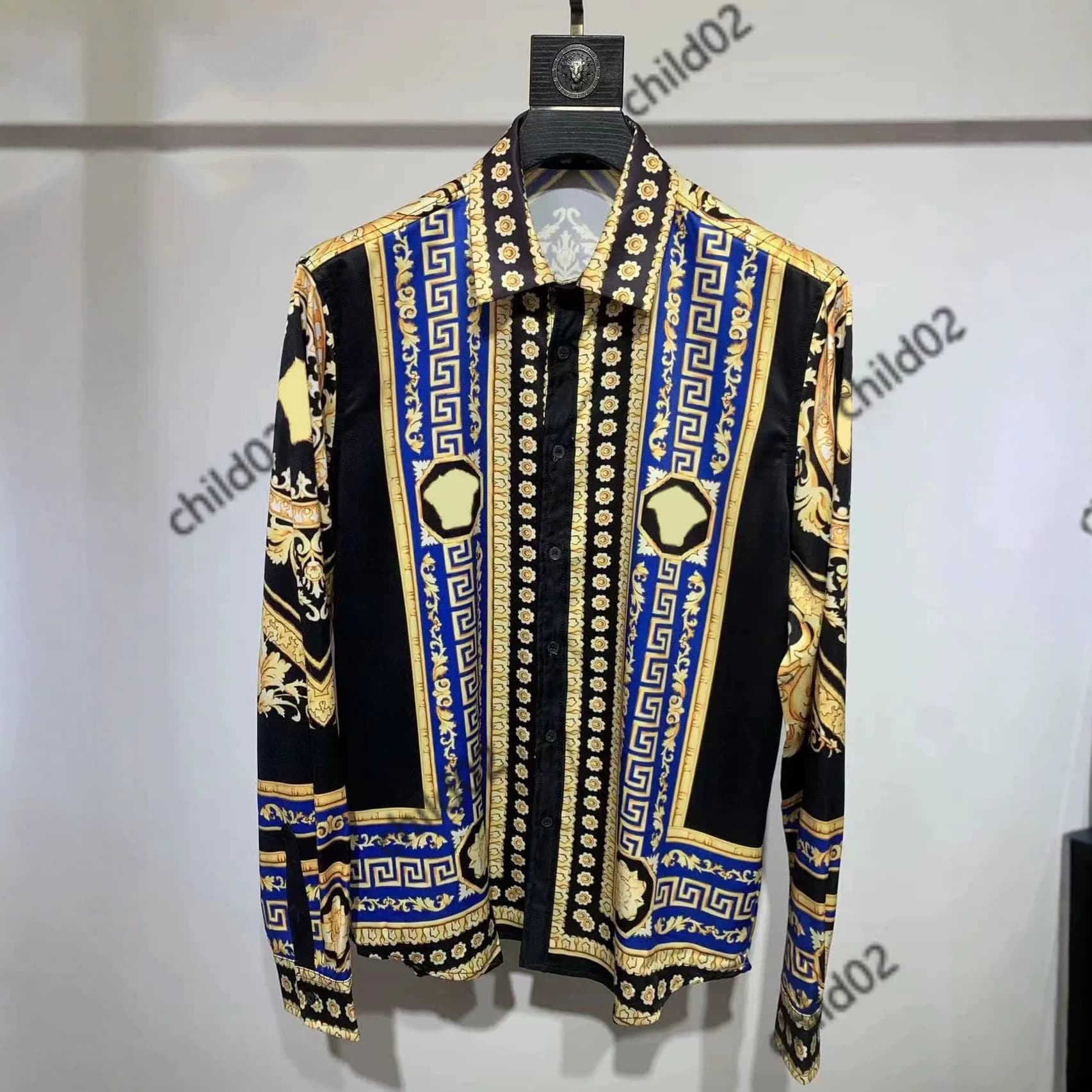 2026 Palace-Style Blue and Gold Baroque Long-Sleeve Shirt, Light Luxury Retro Lapel, 3D Digital Print Cross-Border Shirt